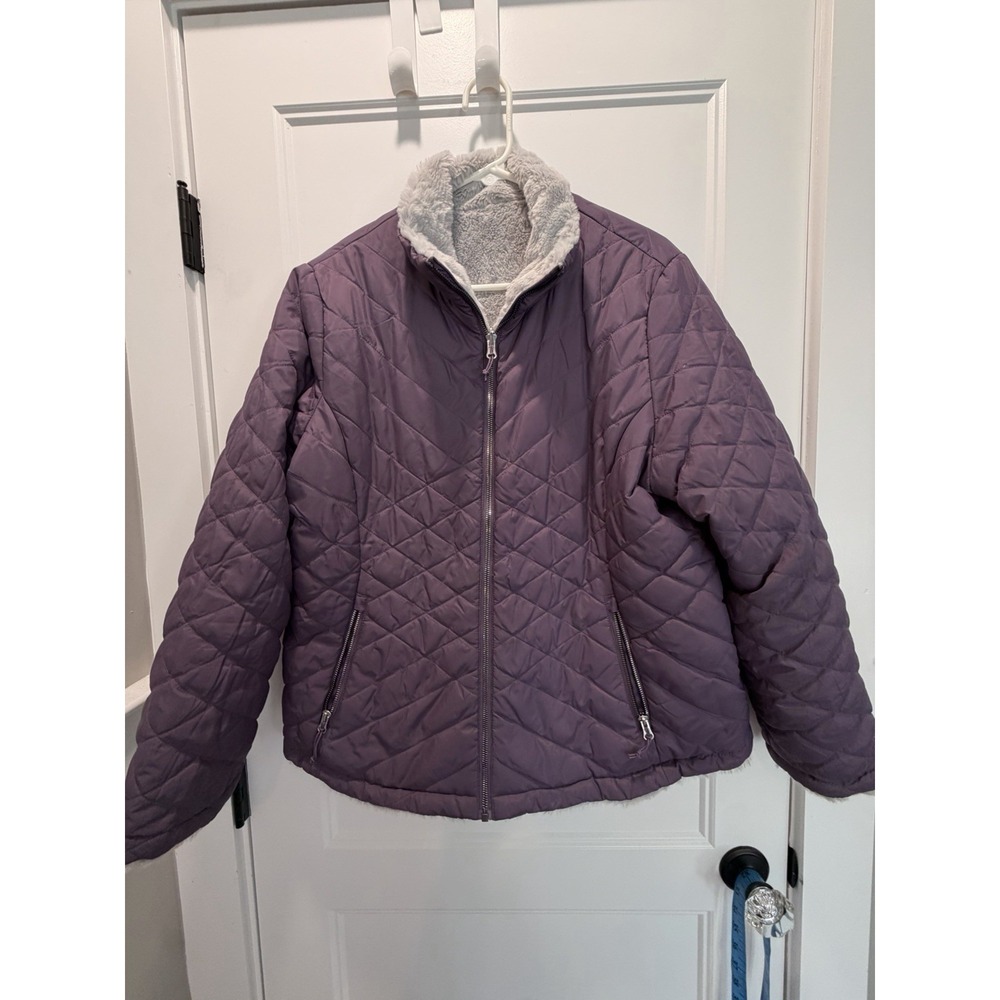 Womens XXL Quilted Puffer Jacket Plum Sherpa Lined Full Zip